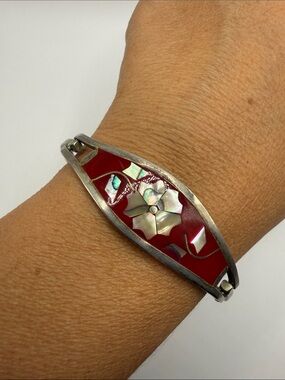 Vintage Alpaca Mexico Silver Burgundy Mother of Pearl Abalone Bangle Bracelet